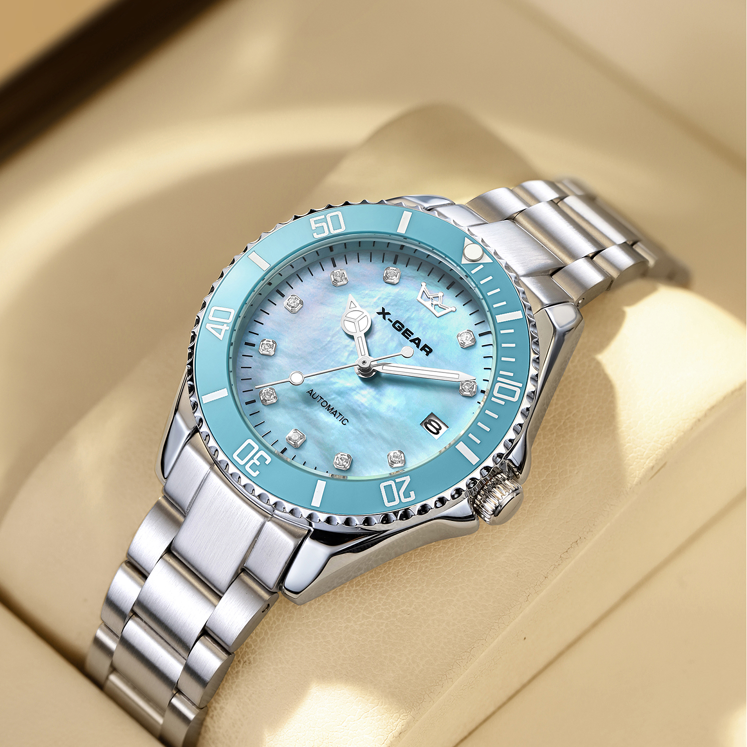 Push Button Tactile - Women's Mechanical Watch Diamond Dial Stainless